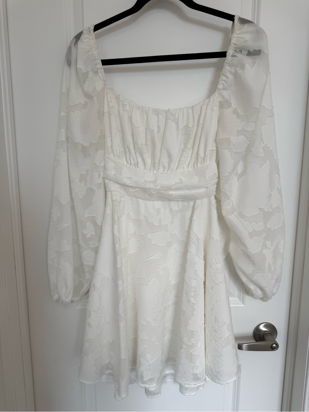White Textured Long Sleeve Mini Dress